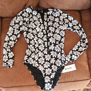 Hurley Black & White Floral Long-Sleeve One-Piece